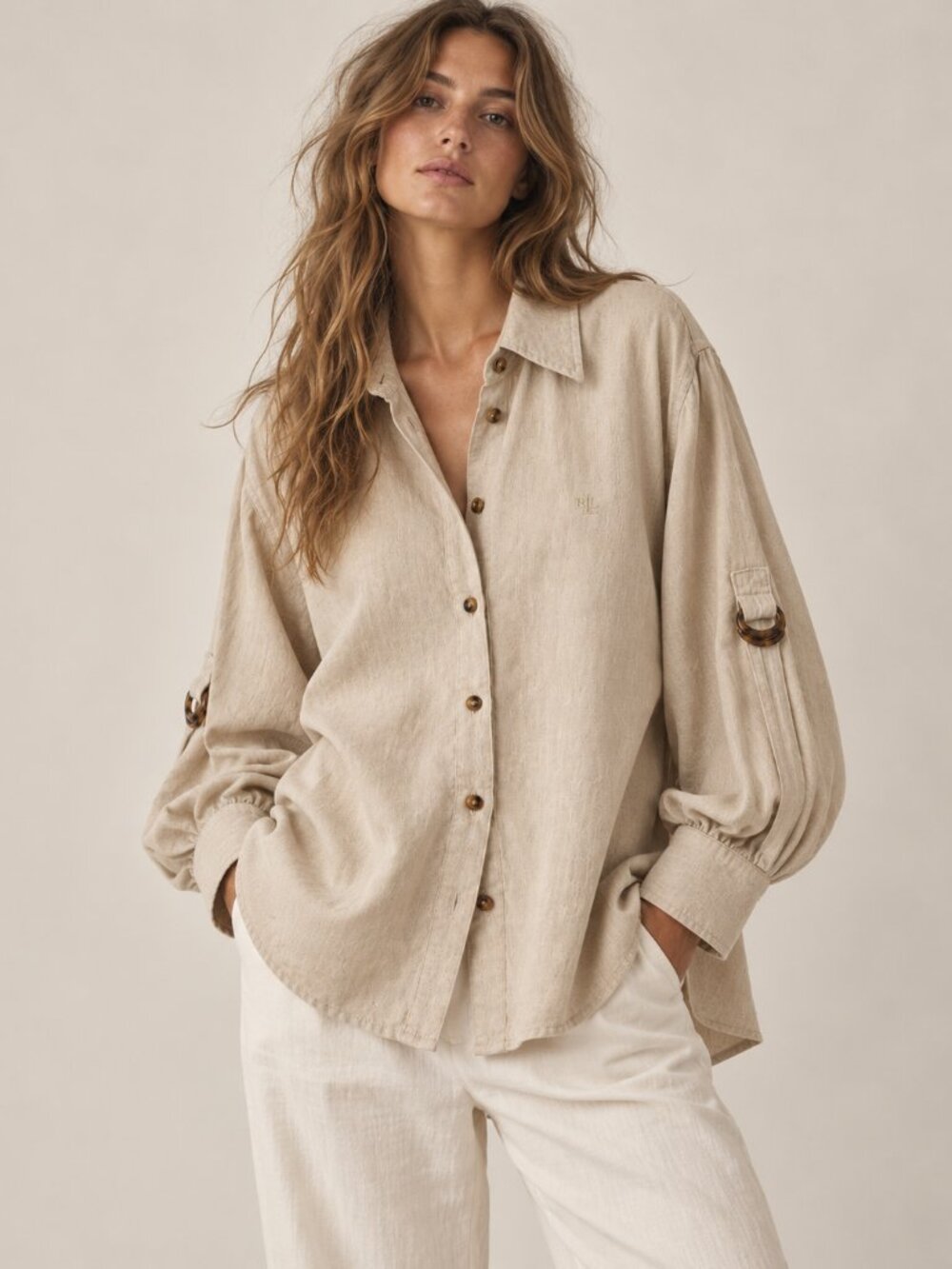 Lauren Ralph Lauren 100% Linen Plus Size Shirt 3X Tortoise Ring Oatmeal